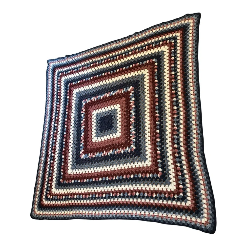 Handmade Crochet Blanket with Multicolor Square Stripes- like new 52 X 54